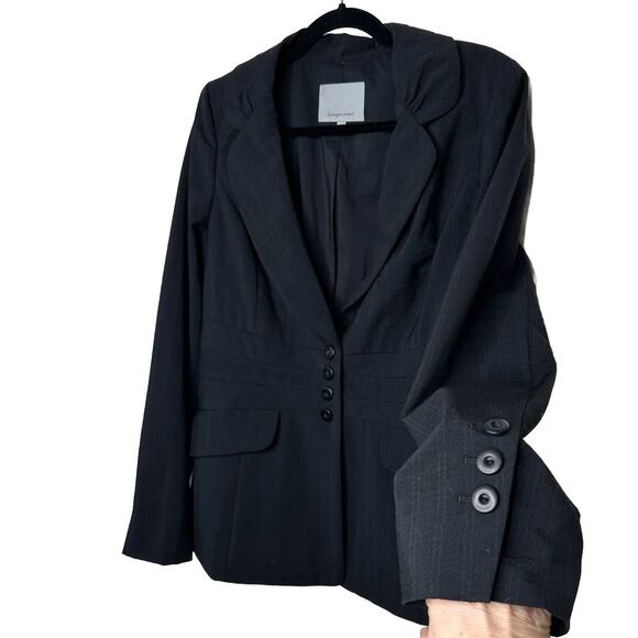 Classiques Navy Blue Pinstripe Fitted Peplum Waist 4-Button Wool Blazer 10 - Picture 1 of 12